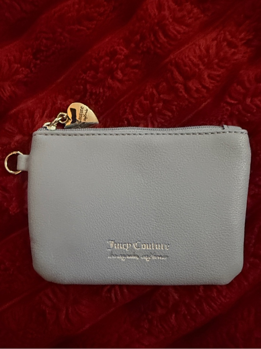 Juicy Couture Light Gray Leather Coin Pouch with Gold Logo Charm